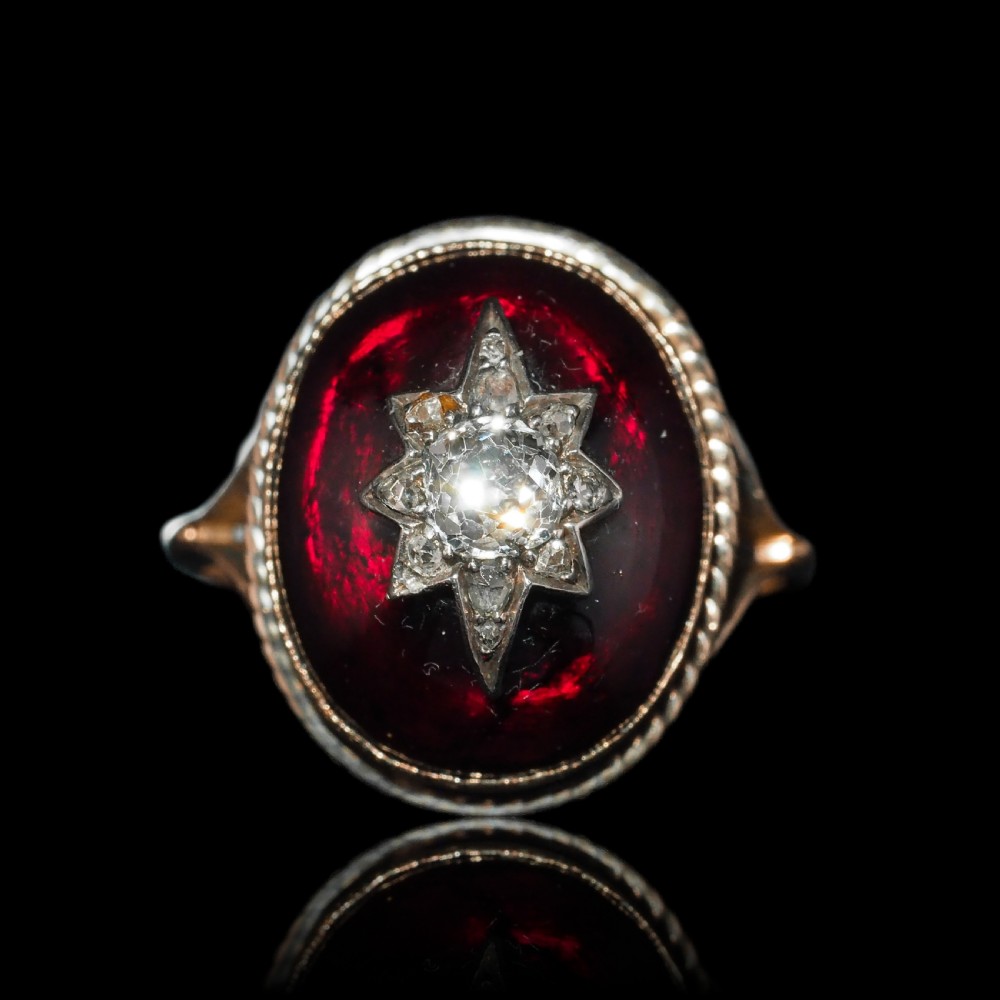 Antique Victorian Diamond Star Garnet Cabochon Ring 14ct Gold - c.1880 View V