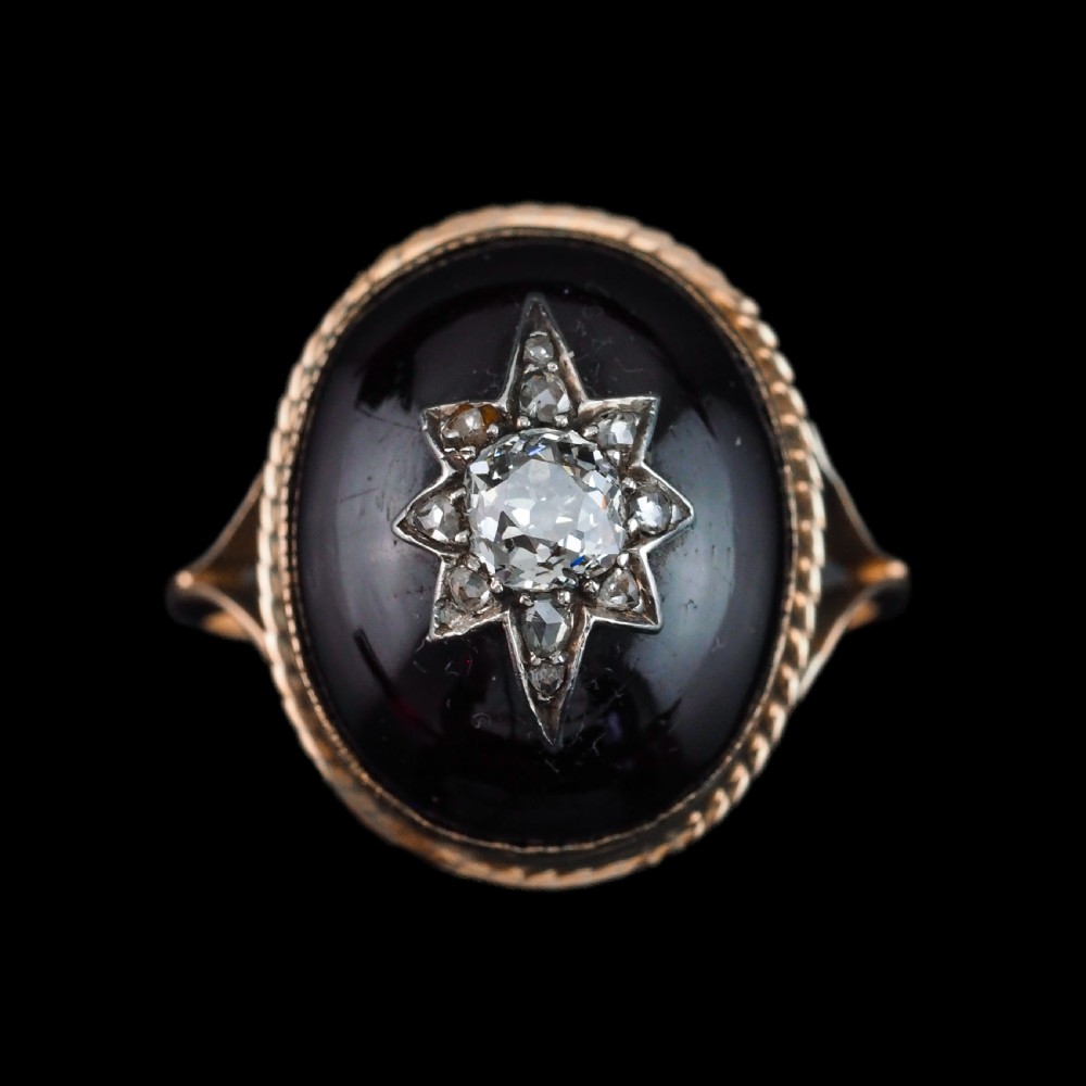 Antique Victorian Diamond Star Garnet Cabochon Ring 14ct Gold - c.1880 View VI