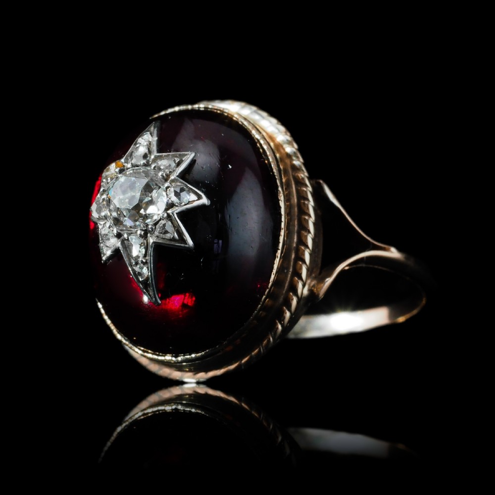Antique Victorian Diamond Star Garnet Cabochon Ring 14ct Gold - c.1880 View VIII