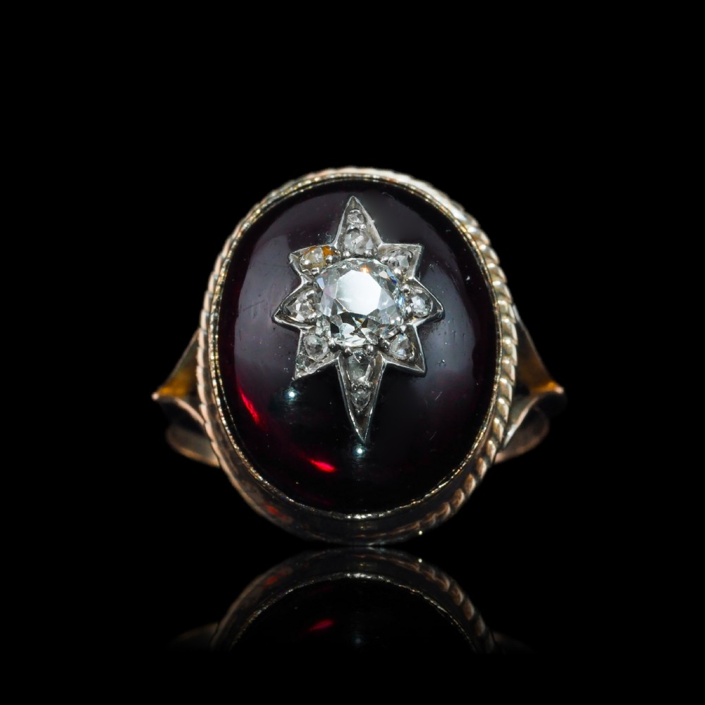 Antique Victorian Diamond Star Garnet Cabochon Ring 14ct Gold - c.1880 View IX