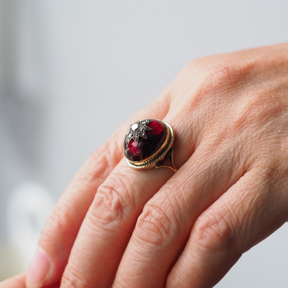 Antique Victorian Diamond Star Garnet Cabochon Ring 14ct Gold - c.1880 View XI