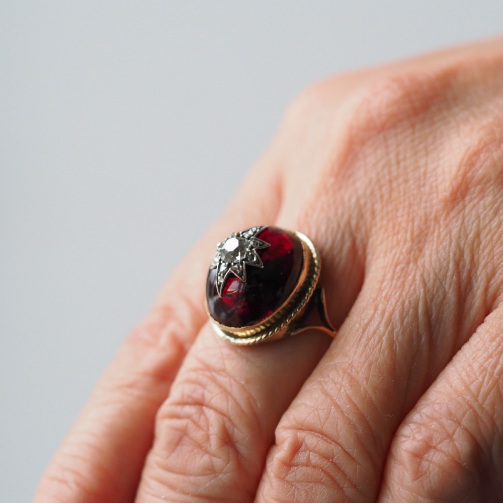 Antique Victorian Diamond Star Garnet Cabochon Ring 14ct Gold - c.1880 View XII