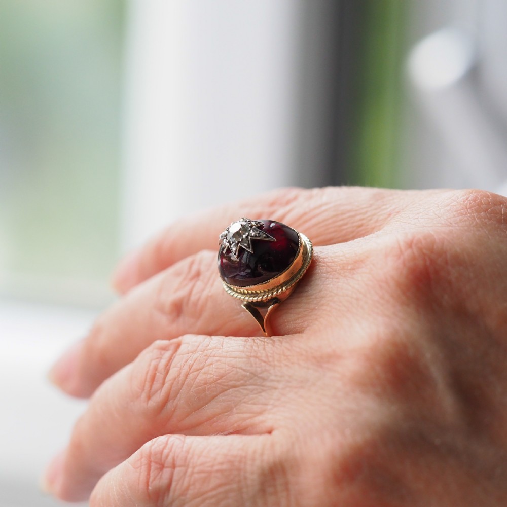 Antique Victorian Diamond Star Garnet Cabochon Ring 14ct Gold - c.1880 View XIII