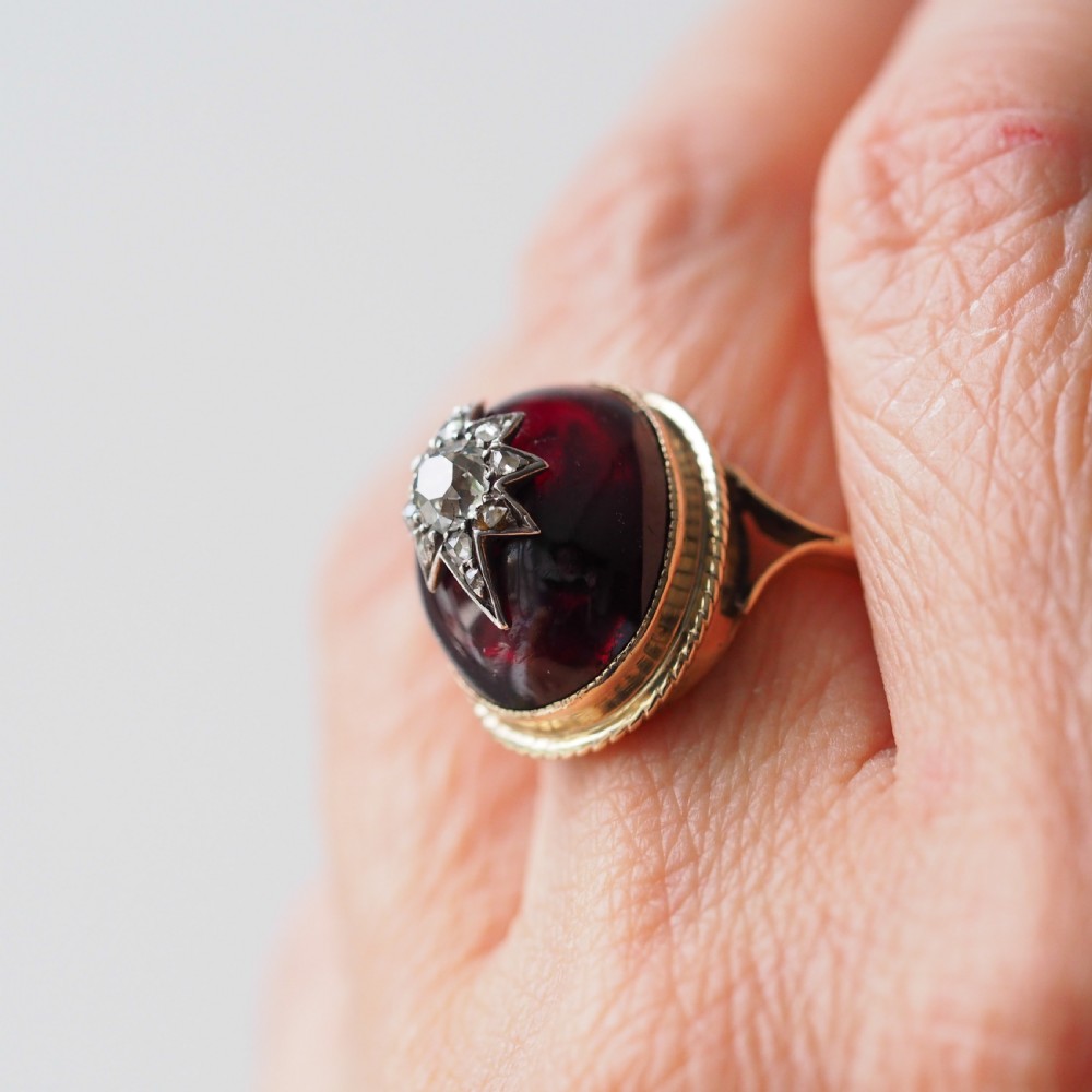 Antique Victorian Diamond Star Garnet Cabochon Ring 14ct Gold - c.1880 View XIV