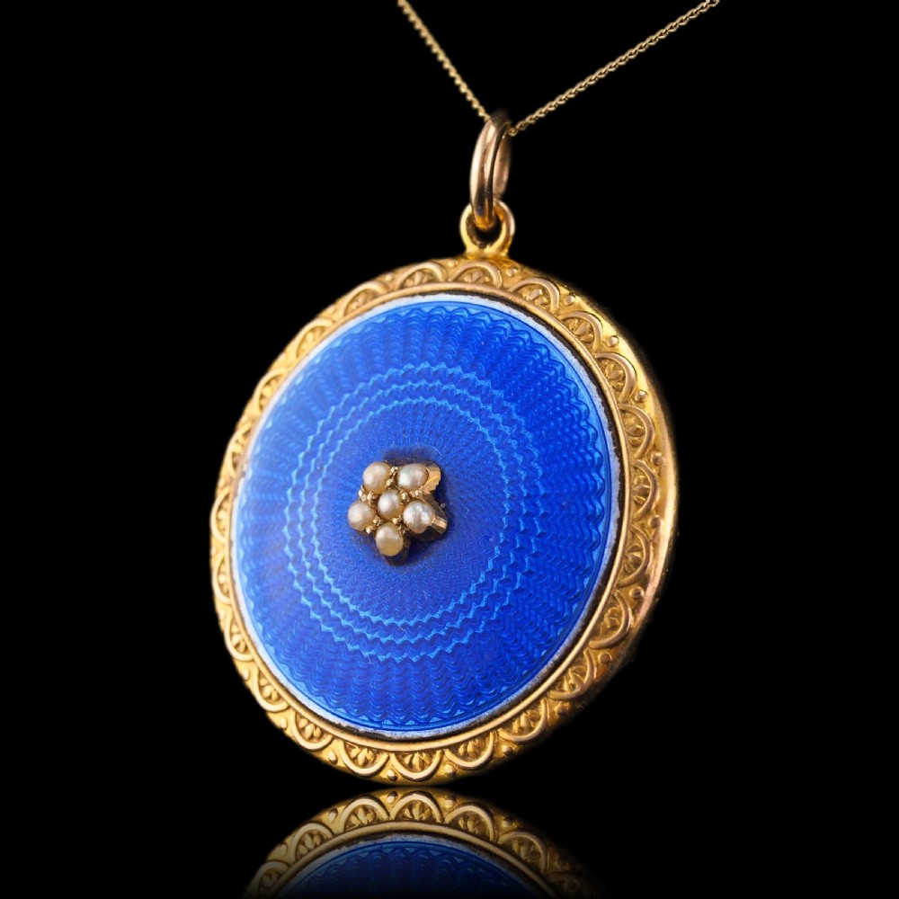Antique 9ct Gold Blue Enamel Pendant Necklace Locket with Seed Pearls c.1900