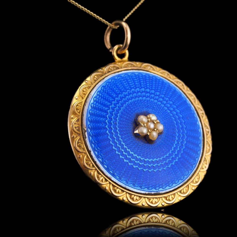 Antique 9ct Gold Blue Enamel Pendant Necklace Locket with Seed Pearls c.1900 View II