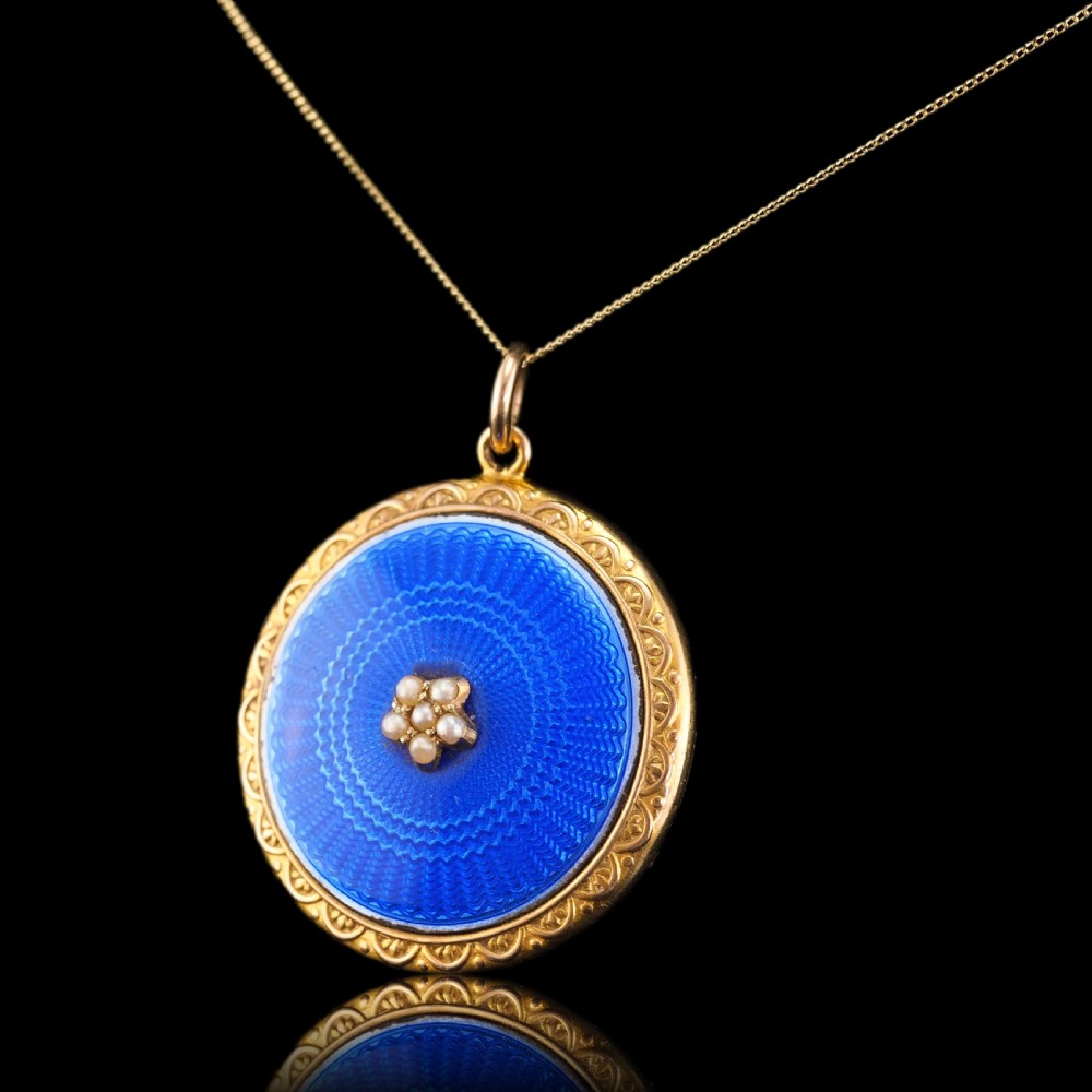Antique 9ct Gold Blue Enamel Pendant Necklace Locket with Seed Pearls c.1900 View III