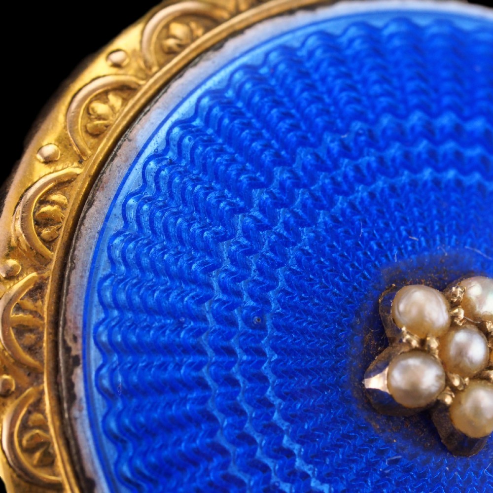 Antique 9ct Gold Blue Enamel Pendant Necklace Locket with Seed Pearls c.1900 View IV