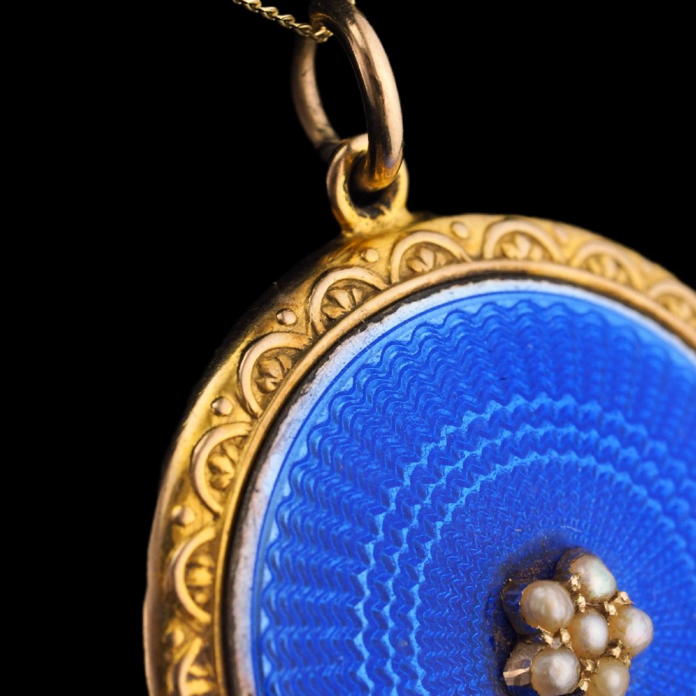 Antique 9ct Gold Blue Enamel Pendant Necklace Locket with Seed Pearls c.1900 View VIII
