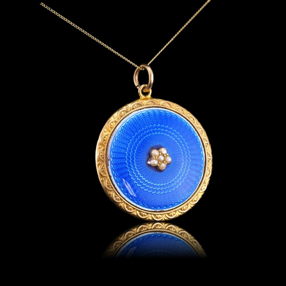 Antique 9ct Gold Blue Enamel Pendant Necklace Locket with Seed Pearls c.1900 View IX