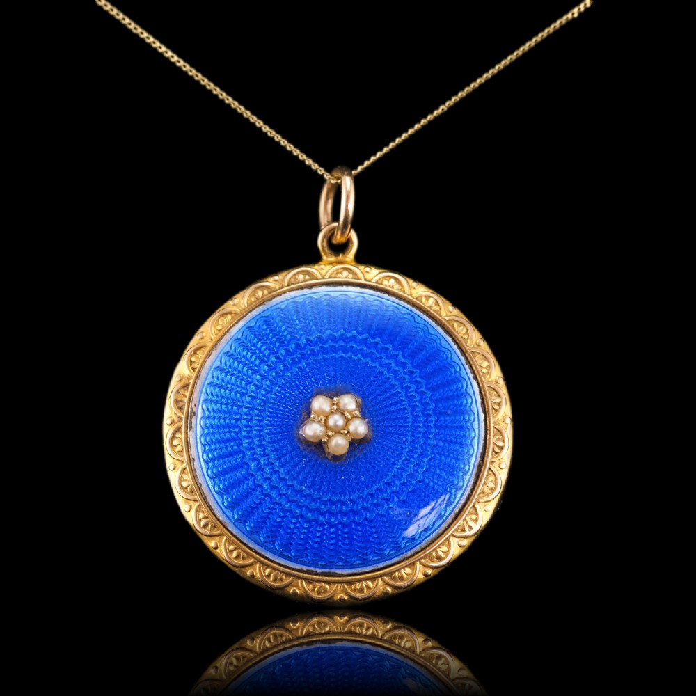Antique 9ct Gold Blue Enamel Pendant Necklace Locket with Seed Pearls c.1900 View X
