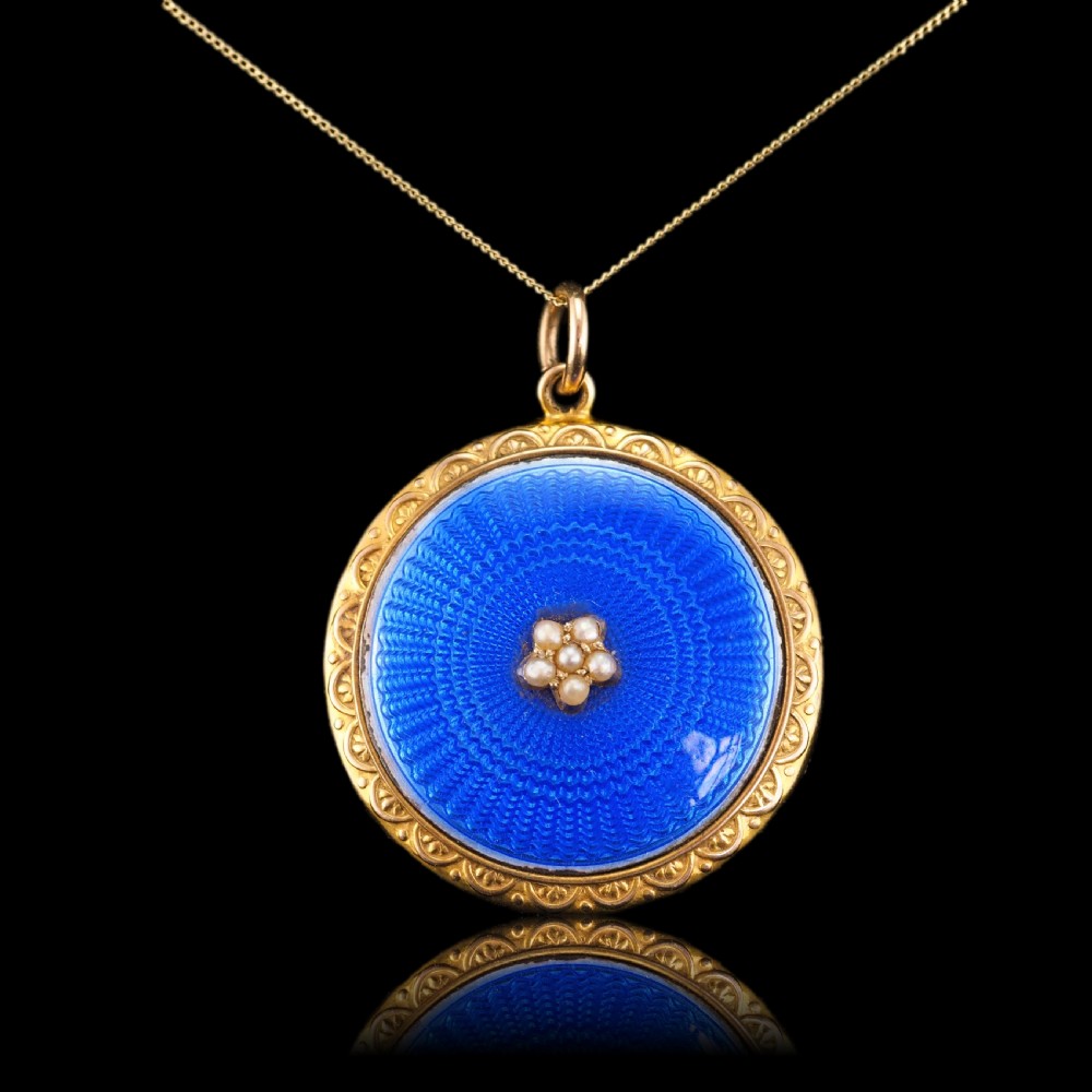Antique 9ct Gold Blue Enamel Pendant Necklace Locket with Seed Pearls c.1900 View XI