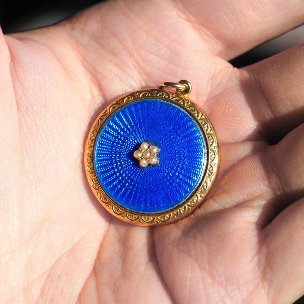 Antique 9ct Gold Blue Enamel Pendant Necklace Locket with Seed Pearls c.1900 View XII
