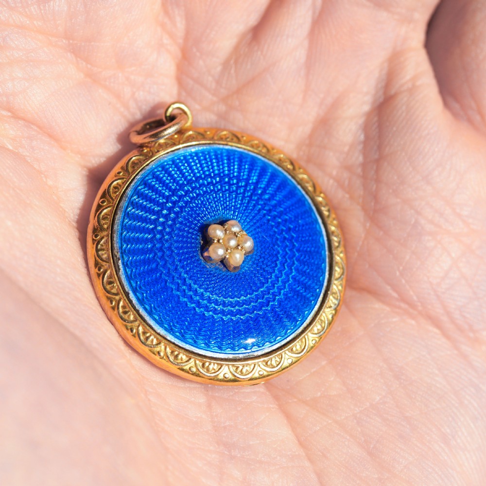 Antique 9ct Gold Blue Enamel Pendant Necklace Locket with Seed Pearls c.1900 View XIII