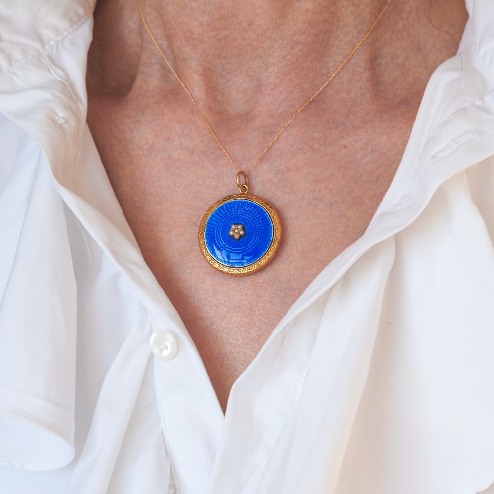 Antique 9ct Gold Blue Enamel Pendant Necklace Locket with Seed Pearls c.1900 View XIV