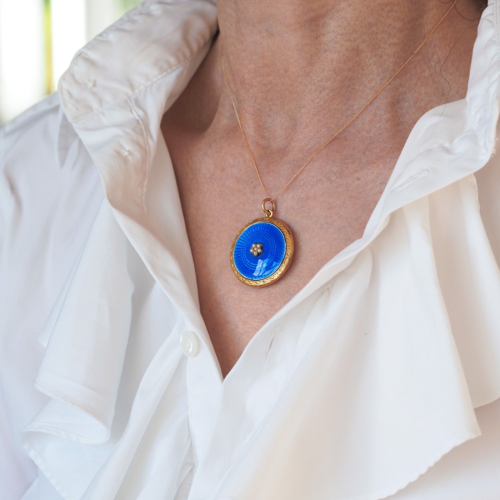 Antique 9ct Gold Blue Enamel Pendant Necklace Locket with Seed Pearls c.1900 View XV