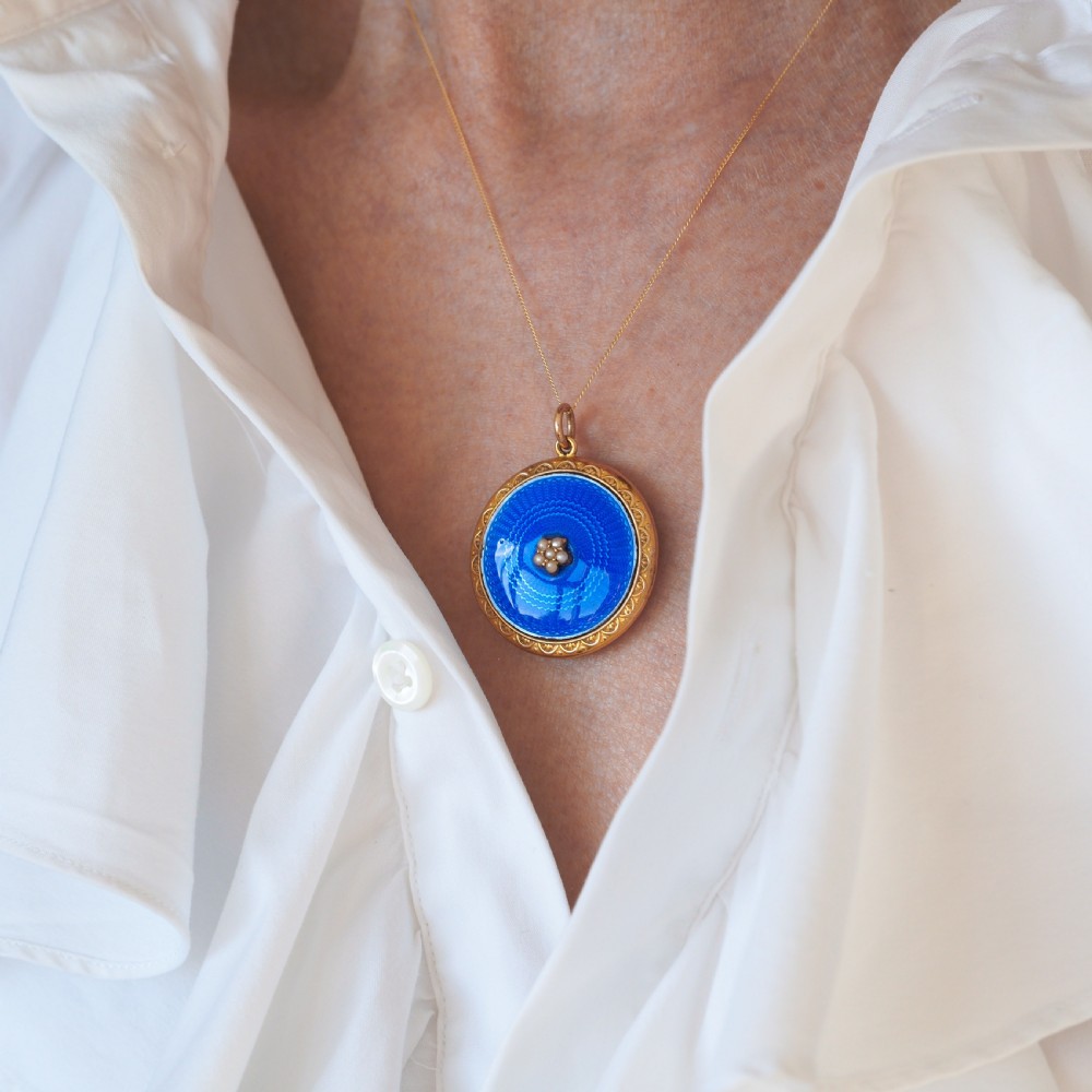 Antique 9ct Gold Blue Enamel Pendant Necklace Locket with Seed Pearls c.1900 View XVI