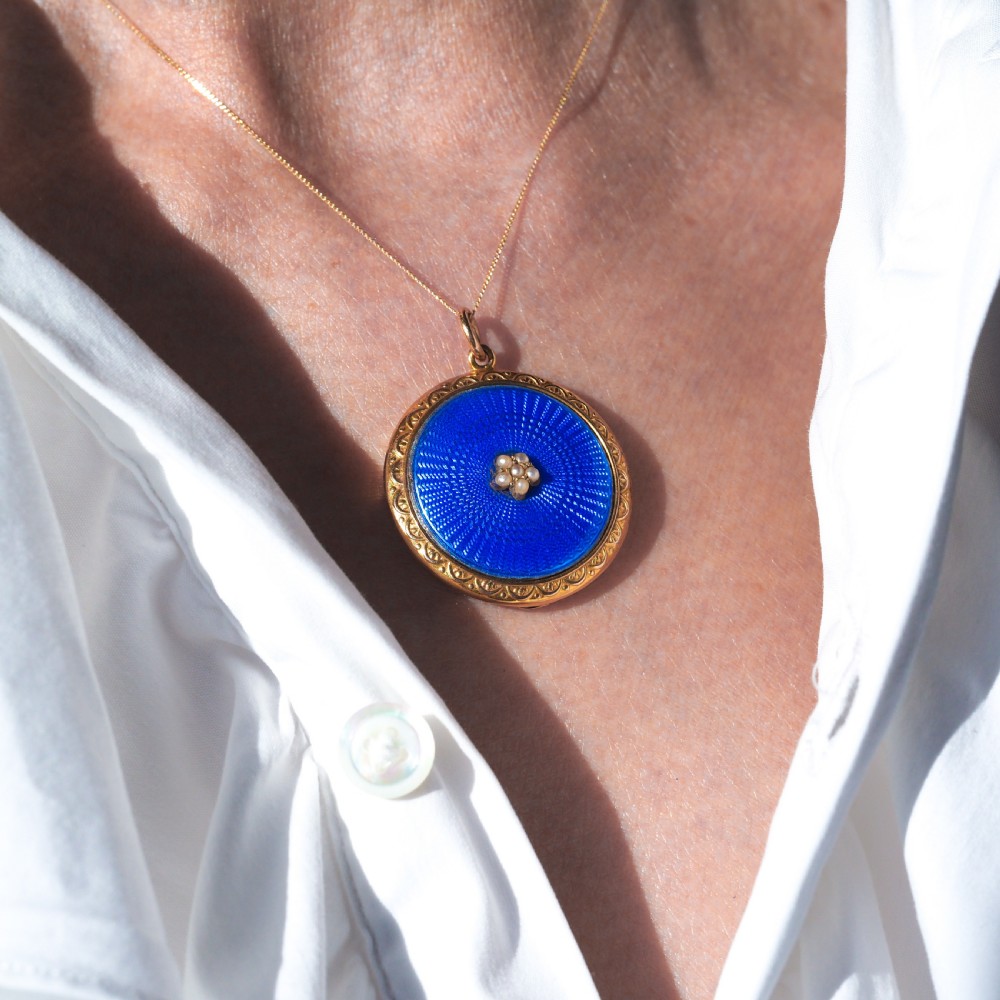 Antique 9ct Gold Blue Enamel Pendant Necklace Locket with Seed Pearls c.1900 View XVII
