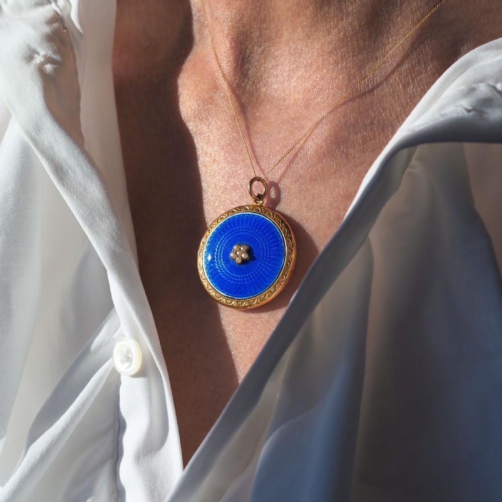 Antique 9ct Gold Blue Enamel Pendant Necklace Locket with Seed Pearls c.1900 View XVIII