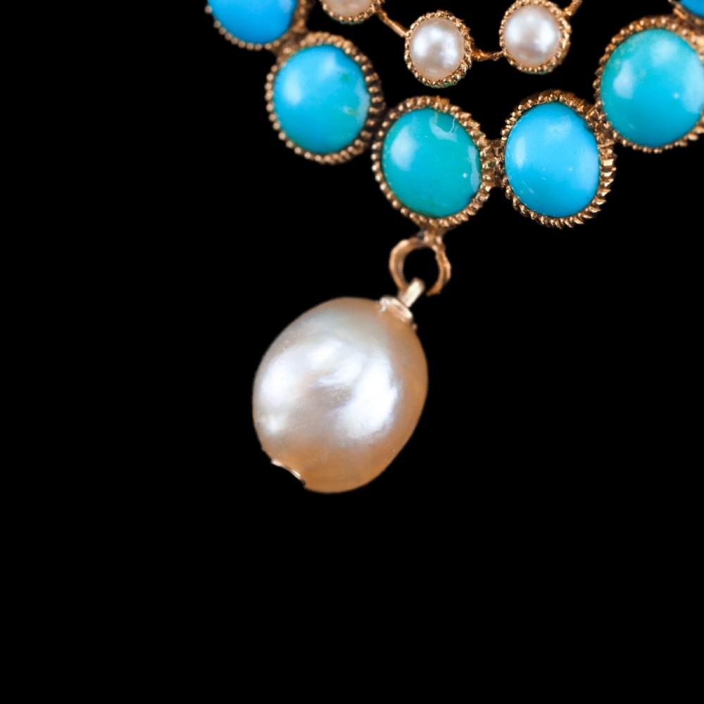Antique Victorian 15ct Gold Turquoise and Pearl Pendant Necklace - c.1900 View II