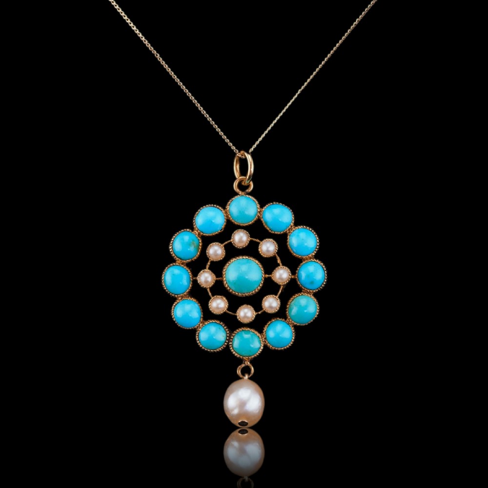 Antique Victorian 15ct Gold Turquoise and Pearl Pendant Necklace - c.1900 View III