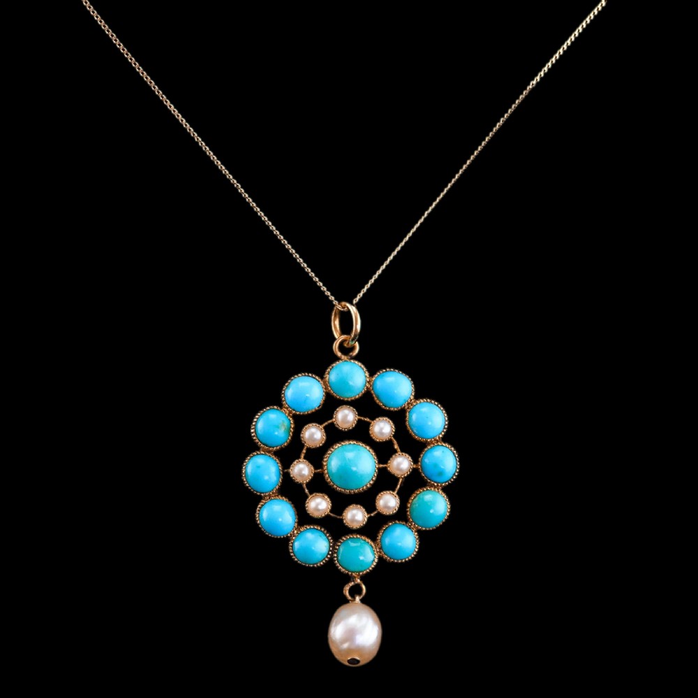 Antique Victorian 15ct Gold Turquoise and Pearl Pendant Necklace - c.1900 View IV