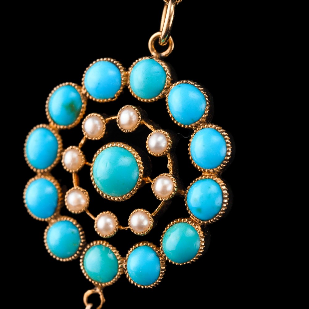 Antique Victorian 15ct Gold Turquoise and Pearl Pendant Necklace - c.1900 View V