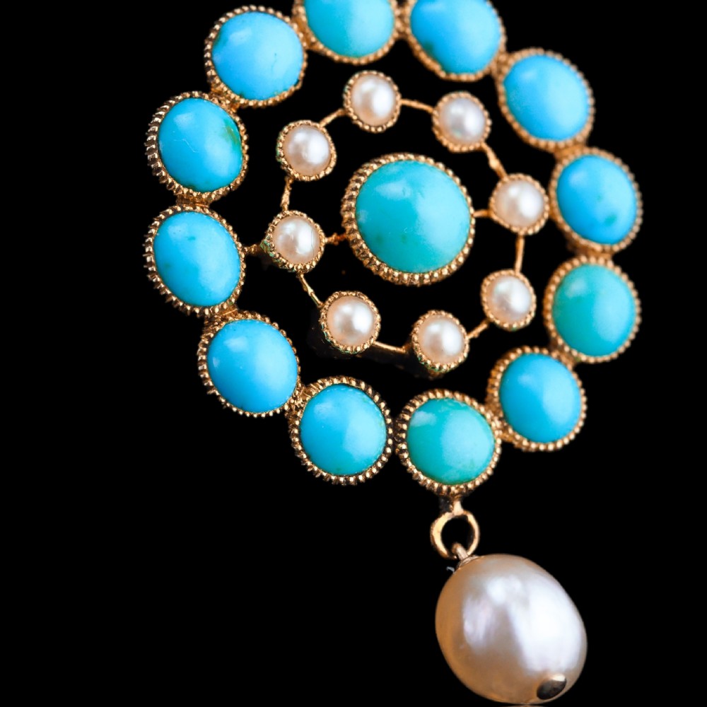 Antique Victorian 15ct Gold Turquoise and Pearl Pendant Necklace - c.1900 View VI