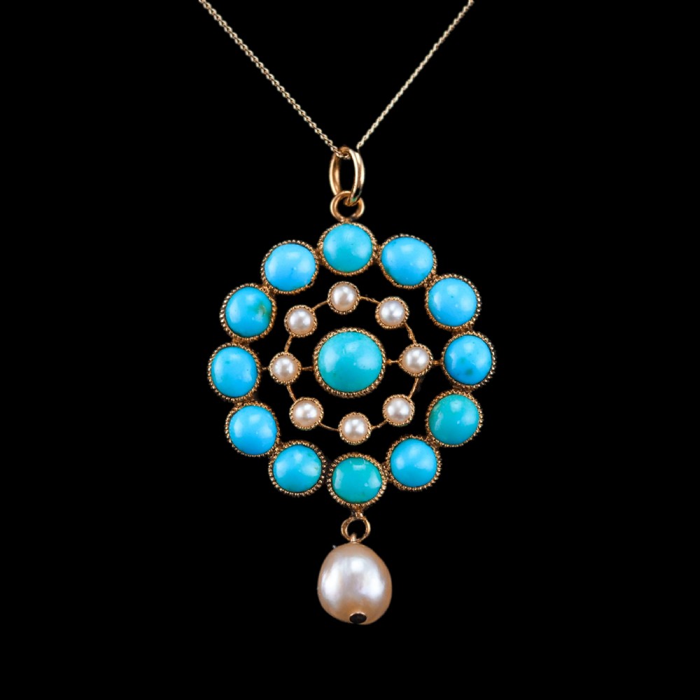 Antique Victorian 15ct Gold Turquoise and Pearl Pendant Necklace - c.1900 View VII