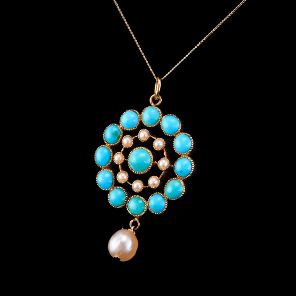 Antique Victorian 15ct Gold Turquoise and Pearl Pendant Necklace - c.1900 View VIII