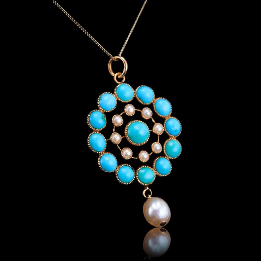 Antique Victorian 15ct Gold Turquoise and Pearl Pendant Necklace - c.1900 View IX