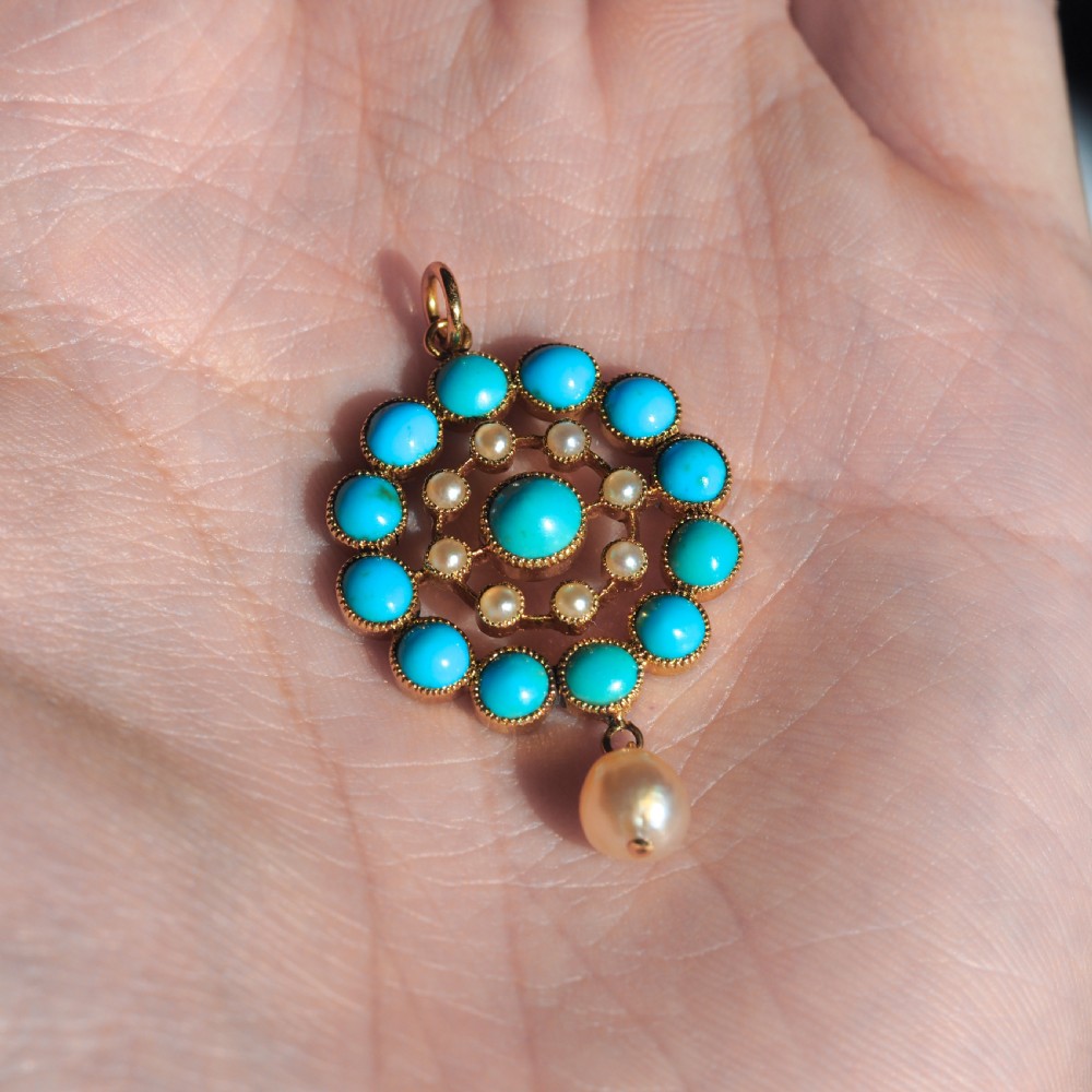 Antique Victorian 15ct Gold Turquoise and Pearl Pendant Necklace - c.1900 View X