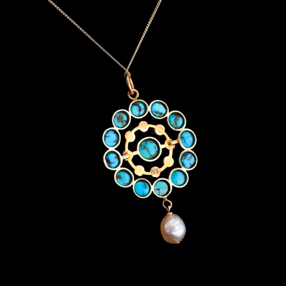 Antique Victorian 15ct Gold Turquoise and Pearl Pendant Necklace - c.1900 View XII