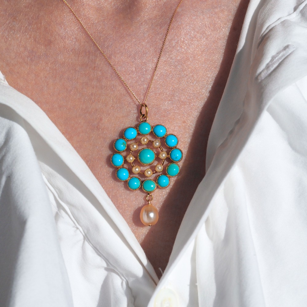 Antique Victorian 15ct Gold Turquoise and Pearl Pendant Necklace - c.1900 View XIII