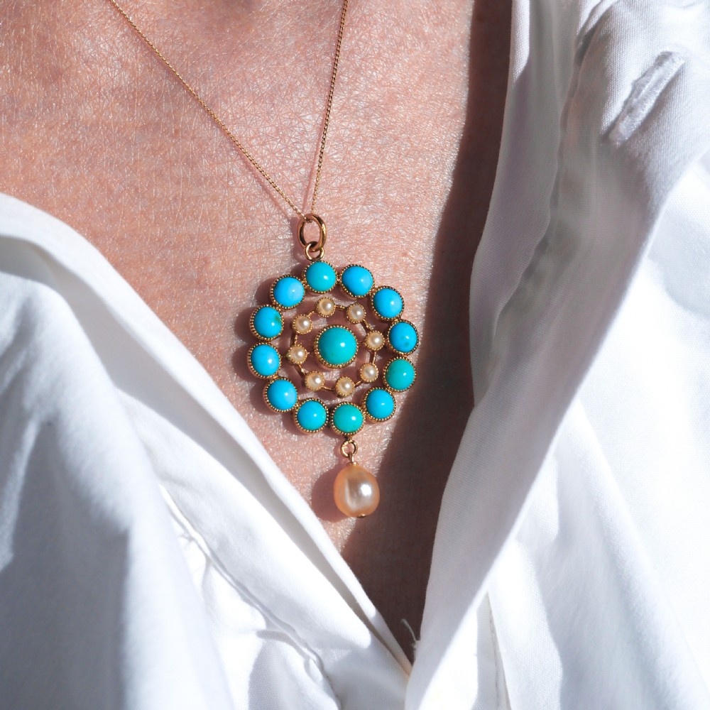 Antique Victorian 15ct Gold Turquoise and Pearl Pendant Necklace - c.1900 View XIV