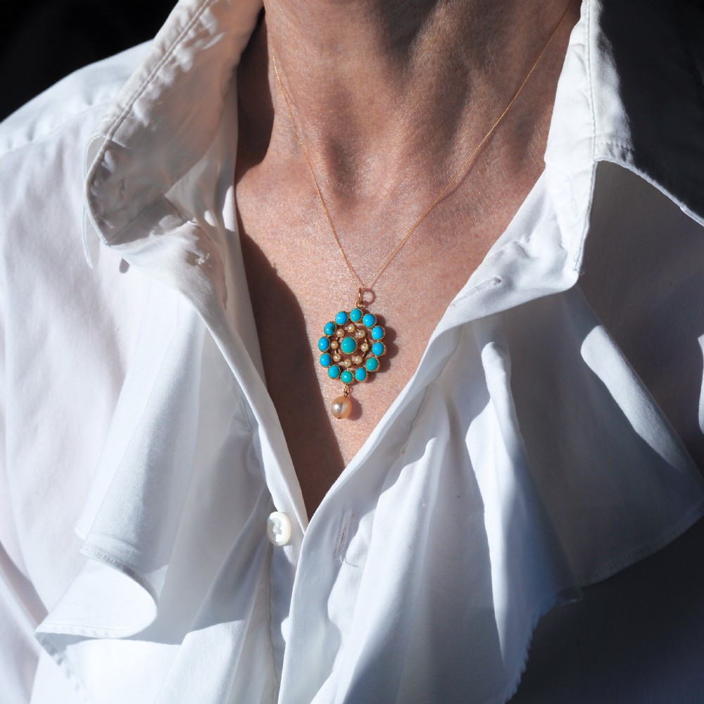 Antique Victorian 15ct Gold Turquoise and Pearl Pendant Necklace - c.1900 View XV