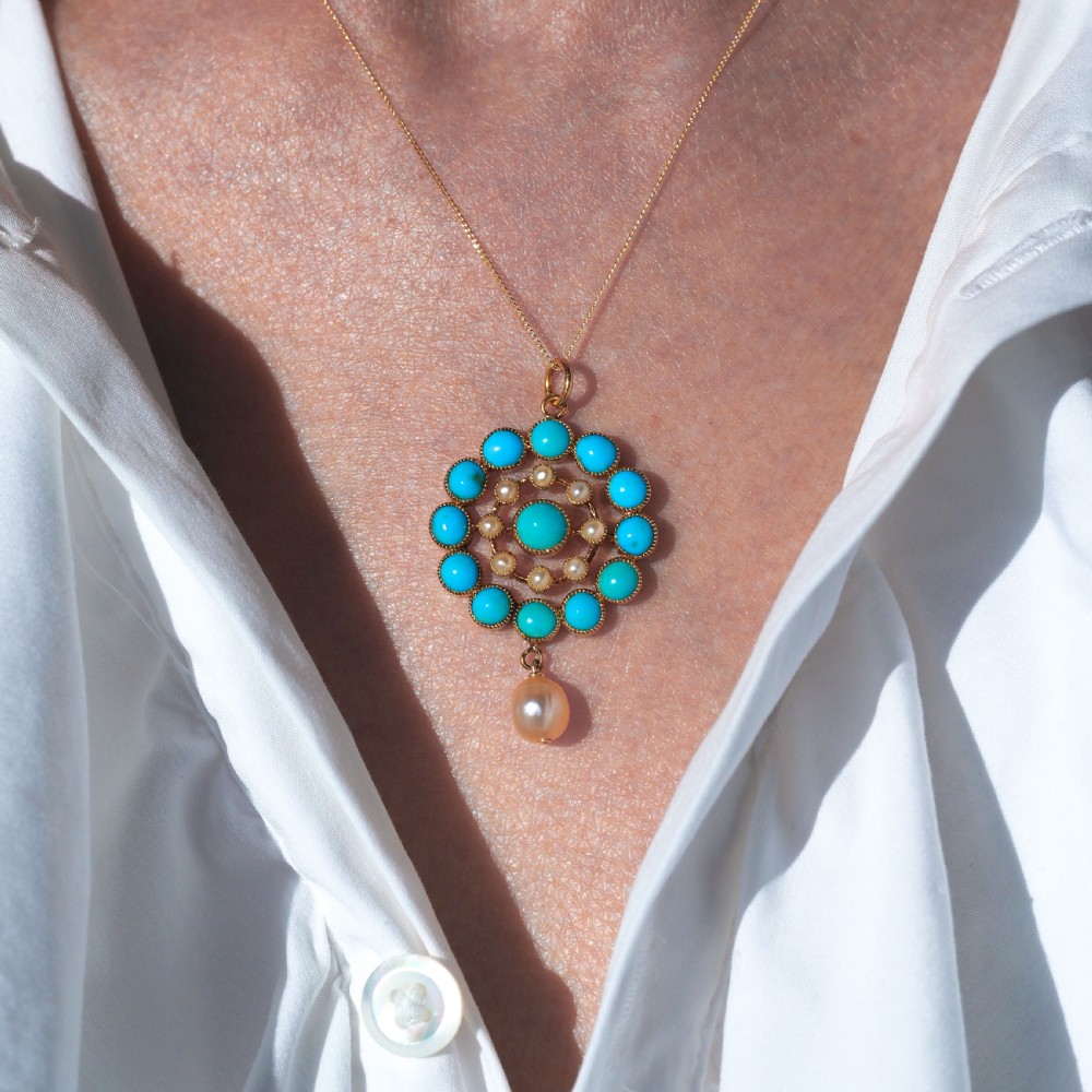 Antique Victorian 15ct Gold Turquoise and Pearl Pendant Necklace - c.1900 View XVI