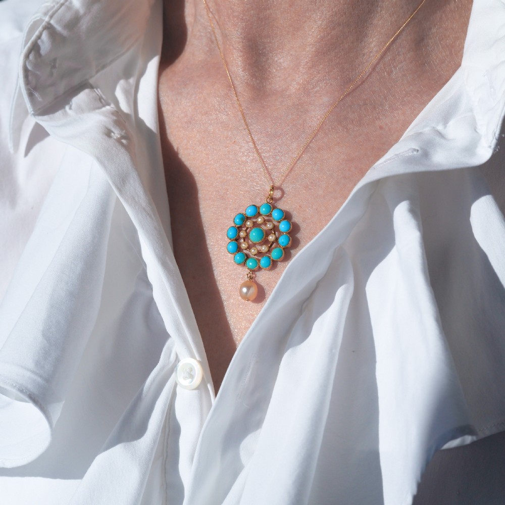 Antique Victorian 15ct Gold Turquoise and Pearl Pendant Necklace - c.1900 View XVII