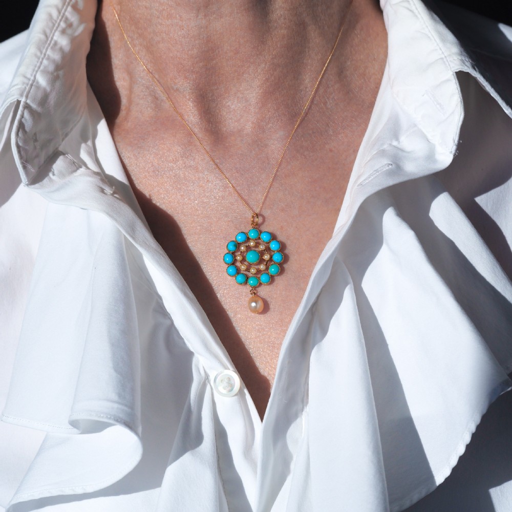 Antique Victorian 15ct Gold Turquoise and Pearl Pendant Necklace - c.1900 View XVIII