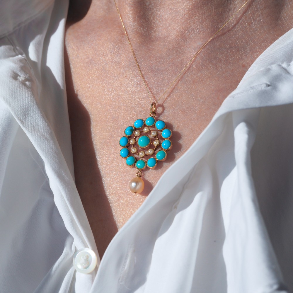 Antique Victorian 15ct Gold Turquoise and Pearl Pendant Necklace - c.1900 View XIX