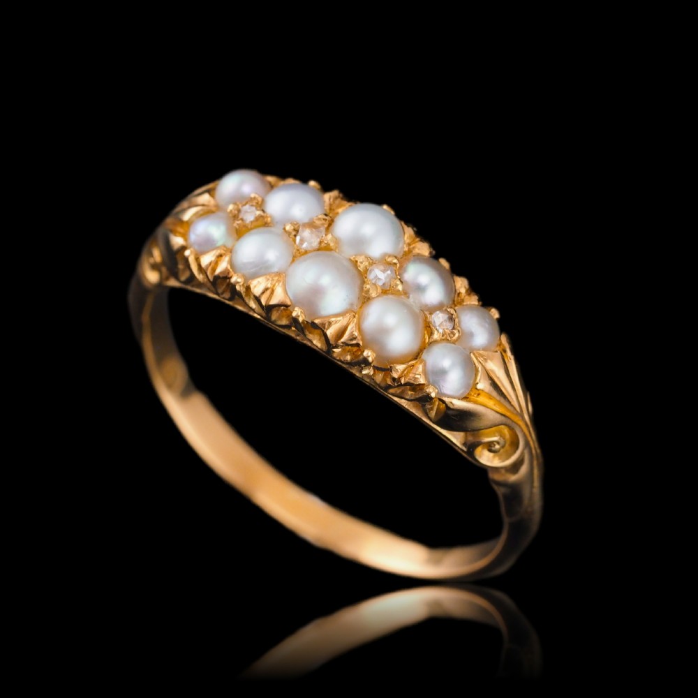 Antique Victorian 18ct Gold Pearl & Diamond Ring with Two Rows - c.1880