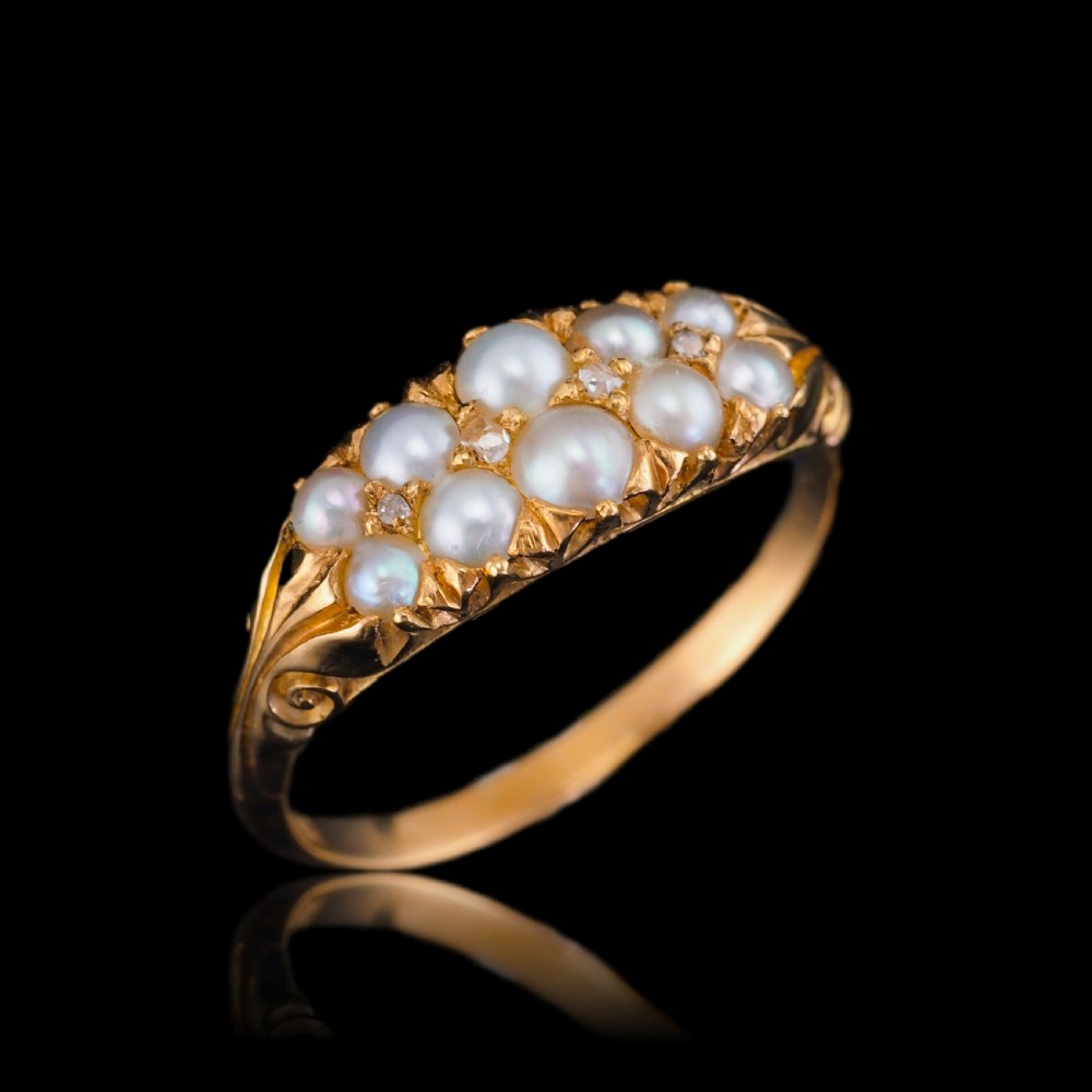 Antique Victorian 18ct Gold Pearl & Diamond Ring with Two Rows - c.1880 View II