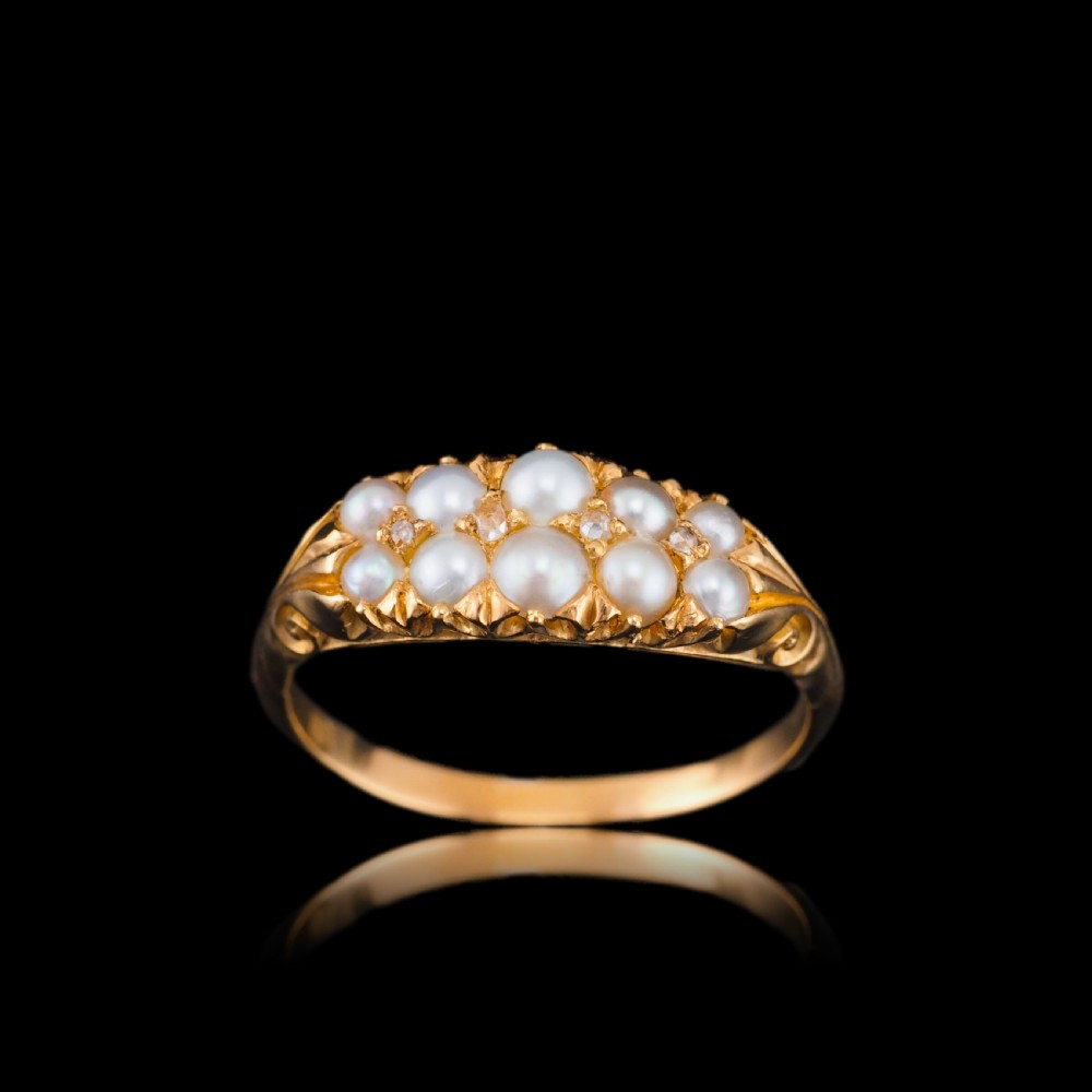Antique Victorian 18ct Gold Pearl & Diamond Ring with Two Rows - c.1880 View III