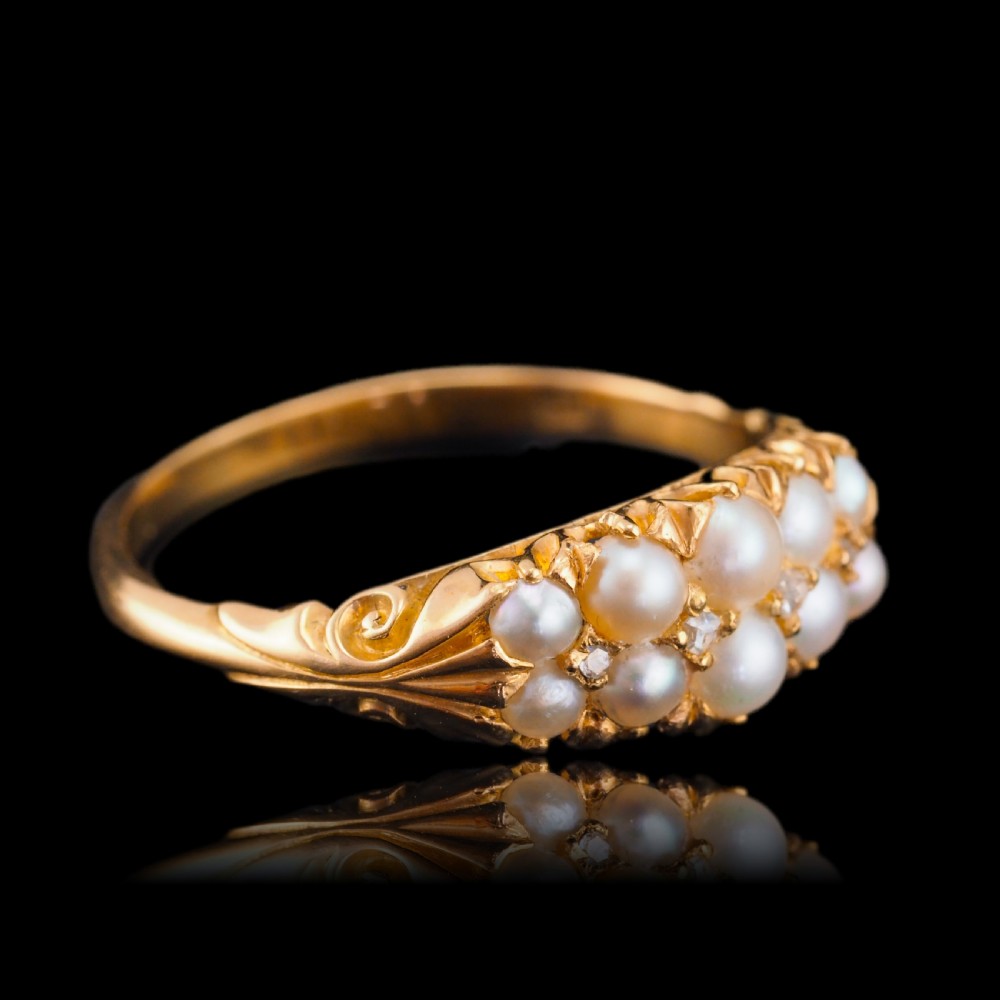 Antique Victorian 18ct Gold Pearl & Diamond Ring with Two Rows - c.1880 View IV