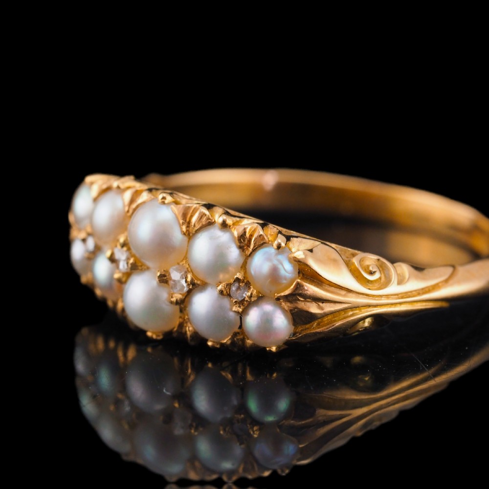 Antique Victorian 18ct Gold Pearl & Diamond Ring with Two Rows - c.1880 View V