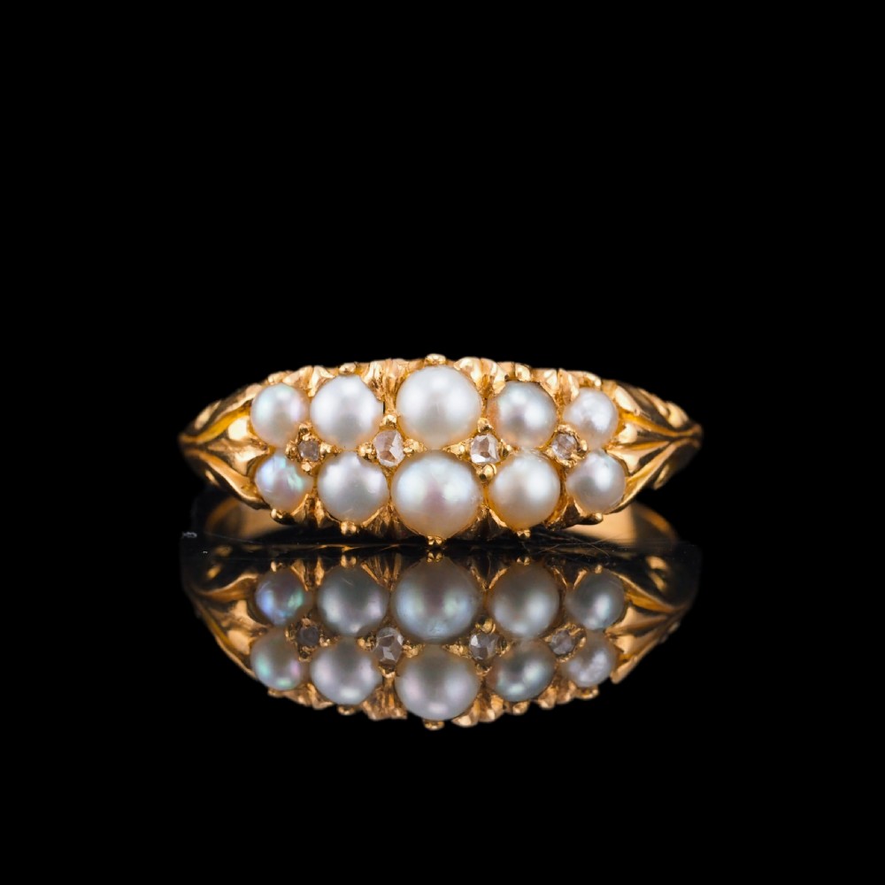 Antique Victorian 18ct Gold Pearl & Diamond Ring with Two Rows - c.1880 View VII