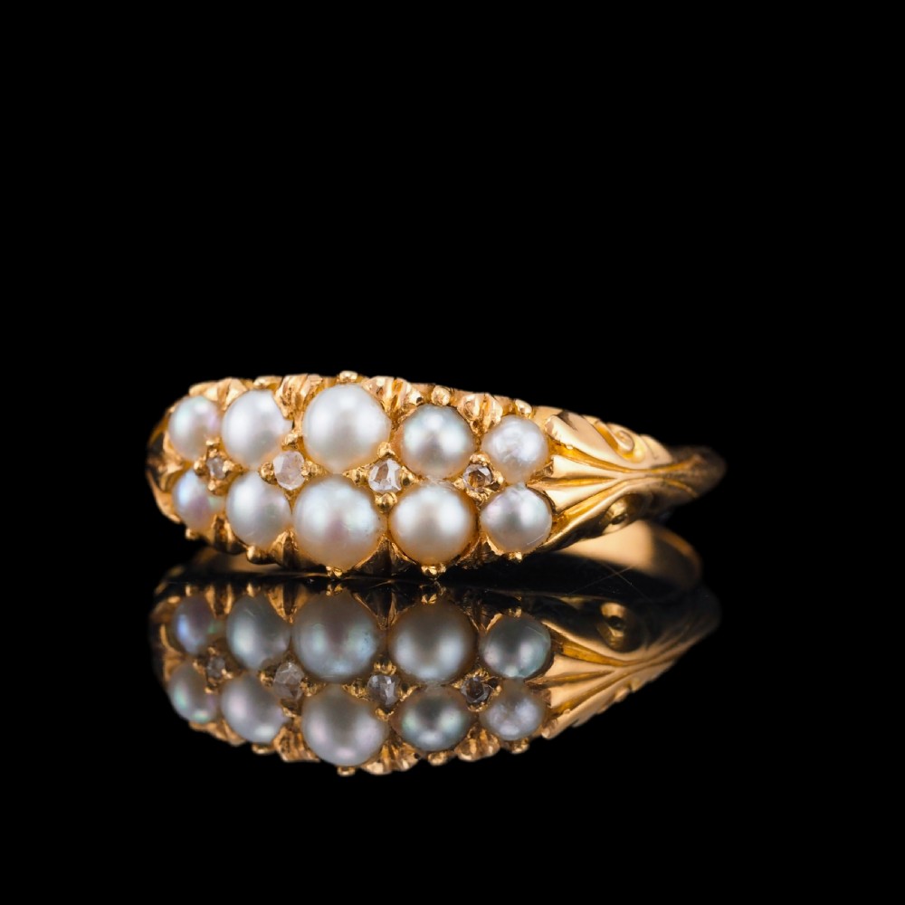 Antique Victorian 18ct Gold Pearl & Diamond Ring with Two Rows - c.1880 View VIII