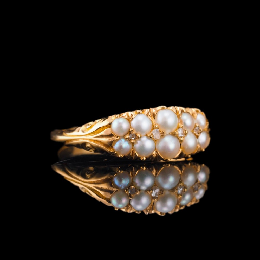 Antique Victorian 18ct Gold Pearl & Diamond Ring with Two Rows - c.1880 View IX
