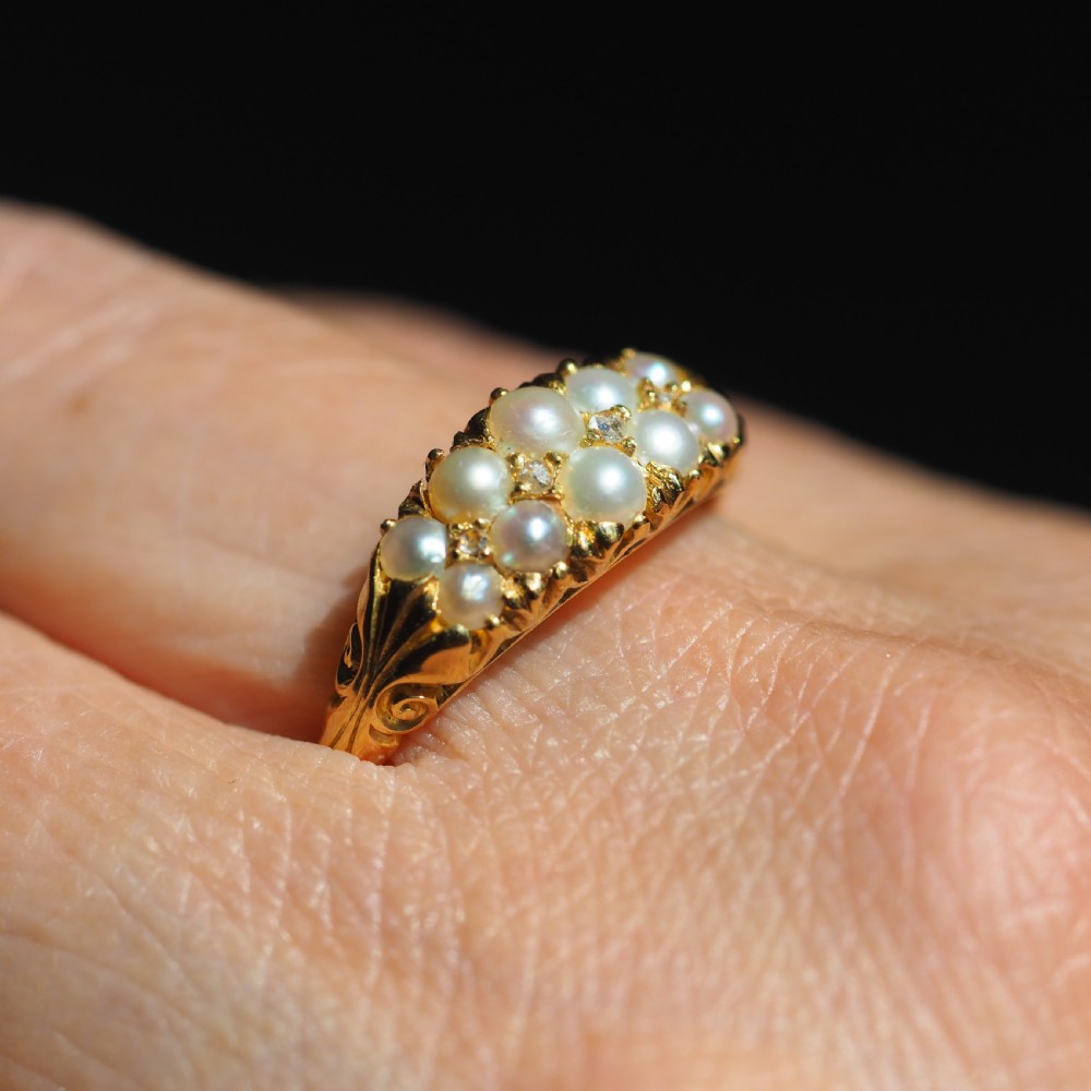Antique Victorian 18ct Gold Pearl & Diamond Ring with Two Rows - c.1880 View X