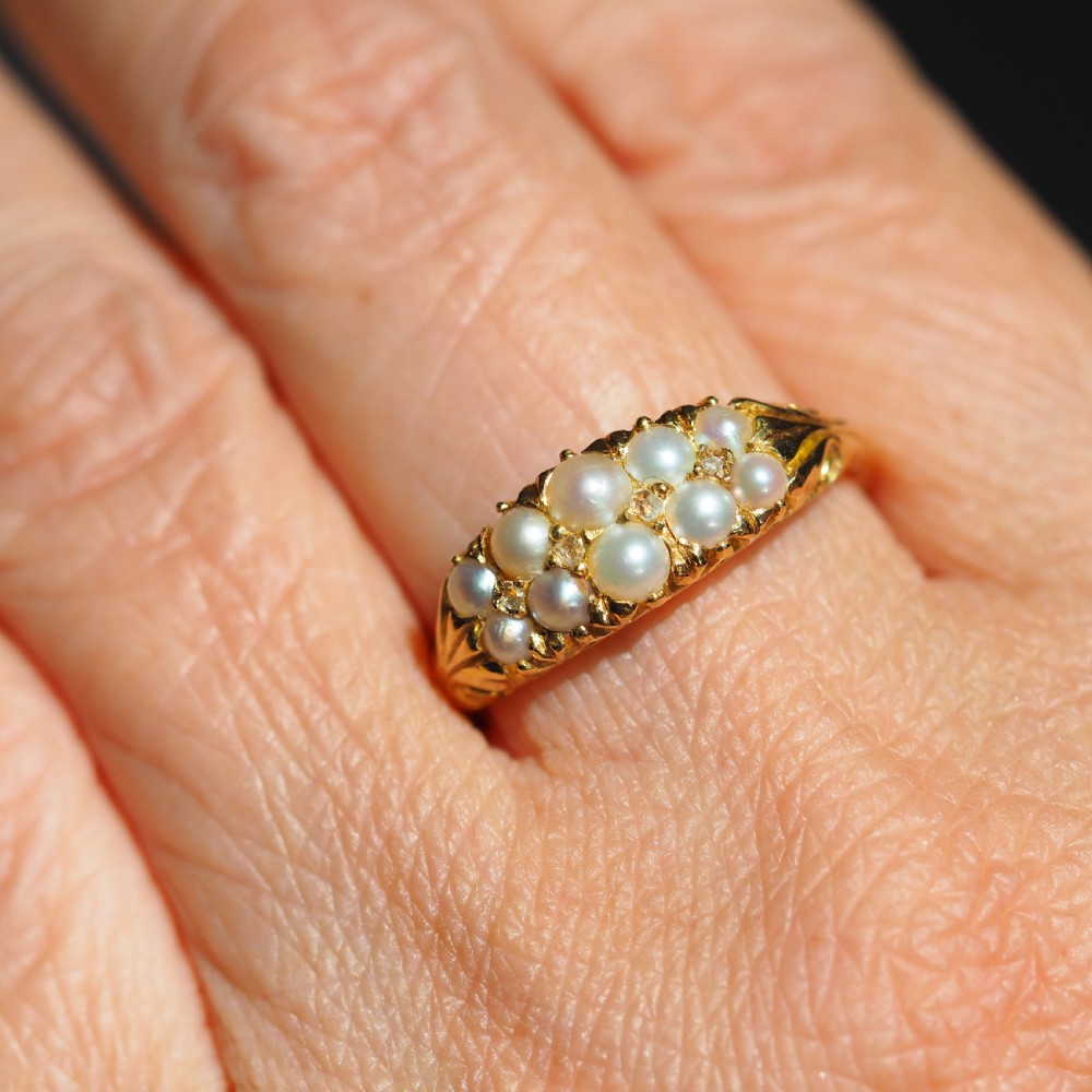 Antique Victorian 18ct Gold Pearl & Diamond Ring with Two Rows - c.1880 View XI